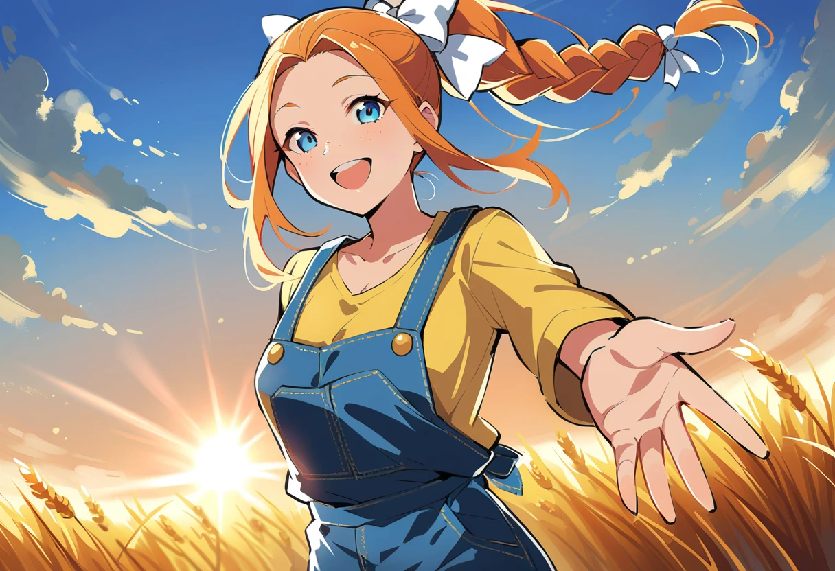 pewarnaan character, visual illustration, @ANN, ann \(harvest moon\), ran \(bokujou monogatari\), aged up, 1girl, ponytail, braid, braided ponytail, single braid, forehead, solo, (overalls), outdoors, sky, wheat, field, (blue overalls), smile, blue eyes, wheat field, looking at viewer, breasts, long sleeves, yellow shirt, orange hair, blonde hair, cowboy shot, collarbone, collared shirt, cleavage, denim, upper teeth only, medium breasts, standing, teeth, oversized clothes, long hair, partially unbuttoned, pants, oversized shirt, buttons, head tilt, flat chest, hair bow, white bow, tomboy, round teeth, plaid shirt, denim overalls, mature female, tall, tall female, slim body, freckles, twilight, cloudy sky, scenery, reaching, grass, floating braid, sunset, cloud, scenery, jeans, bow, hair ribbon, sparkle, sunbeam, light rays, highres, 4k, 8k