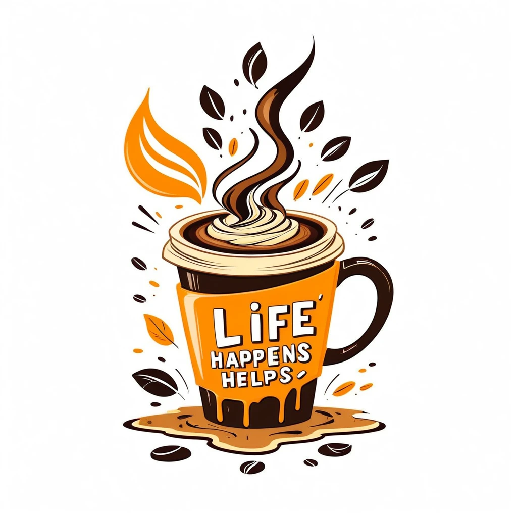 graphic typography design quotes " Life Happens Coffee Helps". With some messy elements to represent this quotes like . the fonts will be bold focuse mainly. colours will be deep brown, apricot, light brown. the elements can be like coffee dropping from coffee mug, pens are dropping, leave are dropping.