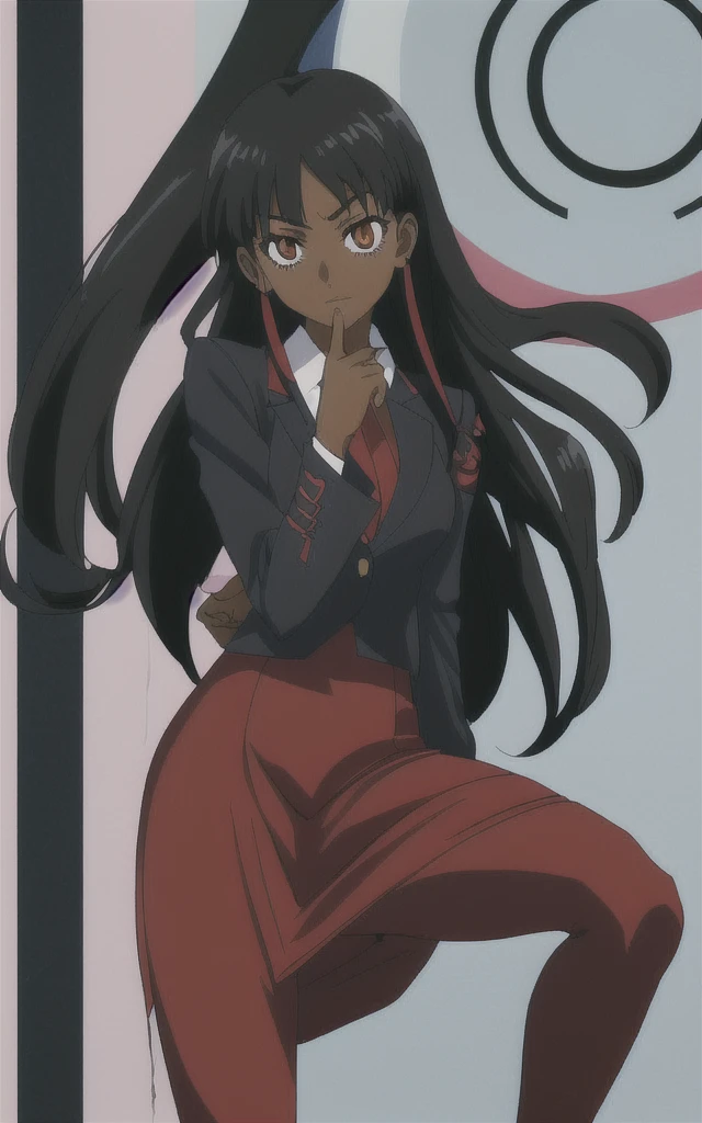 90s anime  black skinned business girl  in a red blazer skirt suit with a blouse underneath 