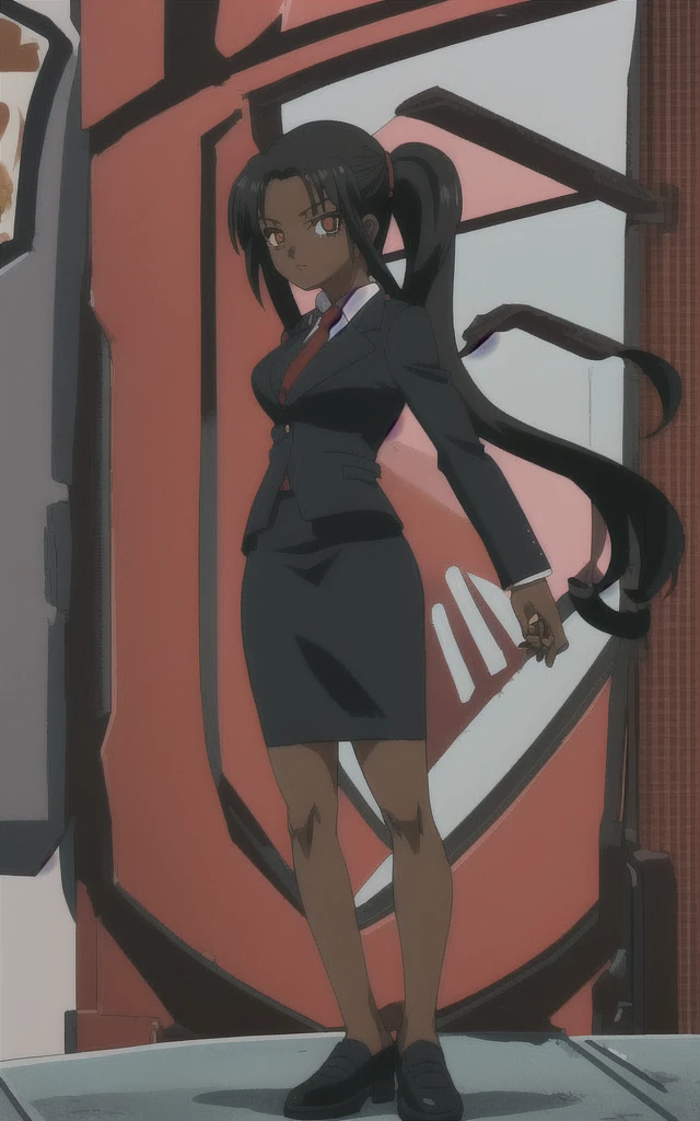 90s anime black skinned business girl in a red blazer skirt suit with a blouse underneath