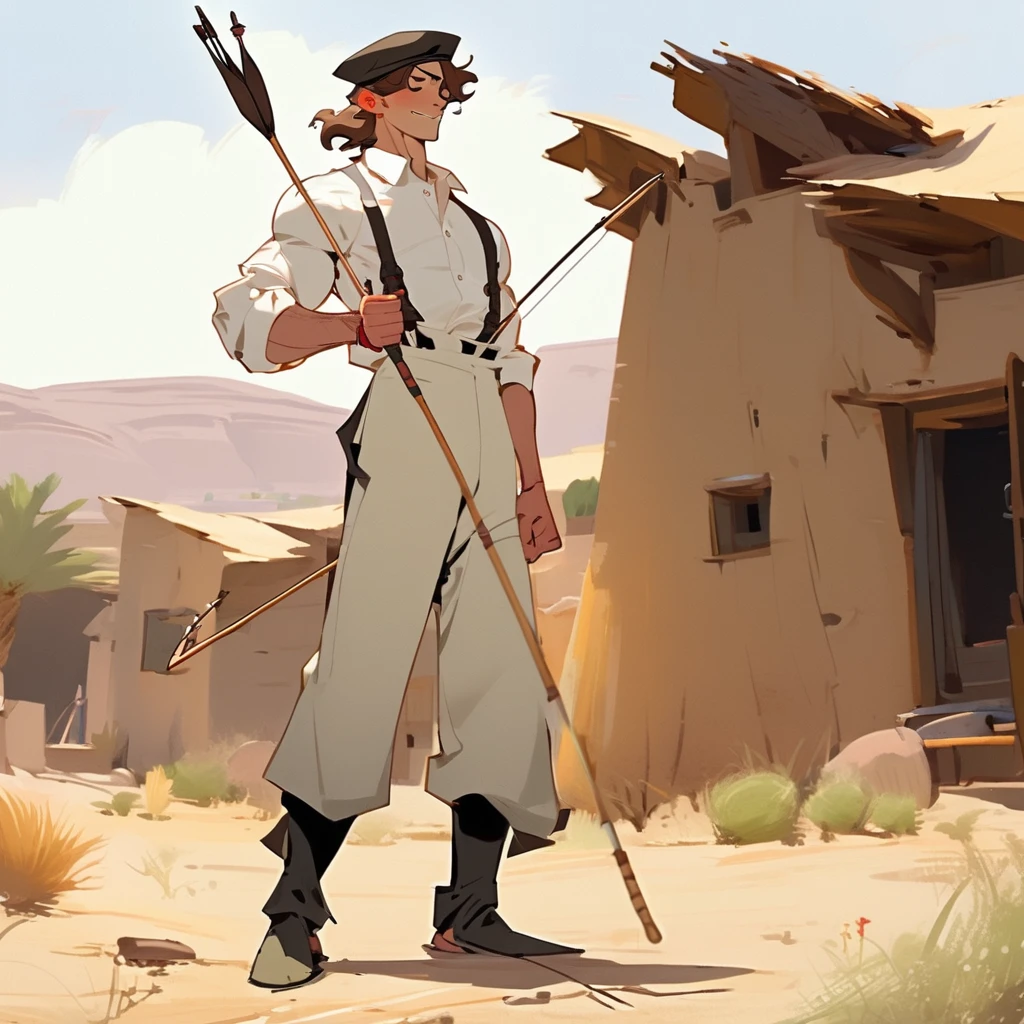 score_9, score_8_up, score_7_up, score_6_up, score_5_up, score_4_up, 1man, Western, Brown wavy hair, strong Body, white dress shirt with, black suspender,black pants patched, Beret, big franch mustache, Arrogant, young adult, Muscular, full body, Holding a bow and arrow, Farm in the desert, Stable