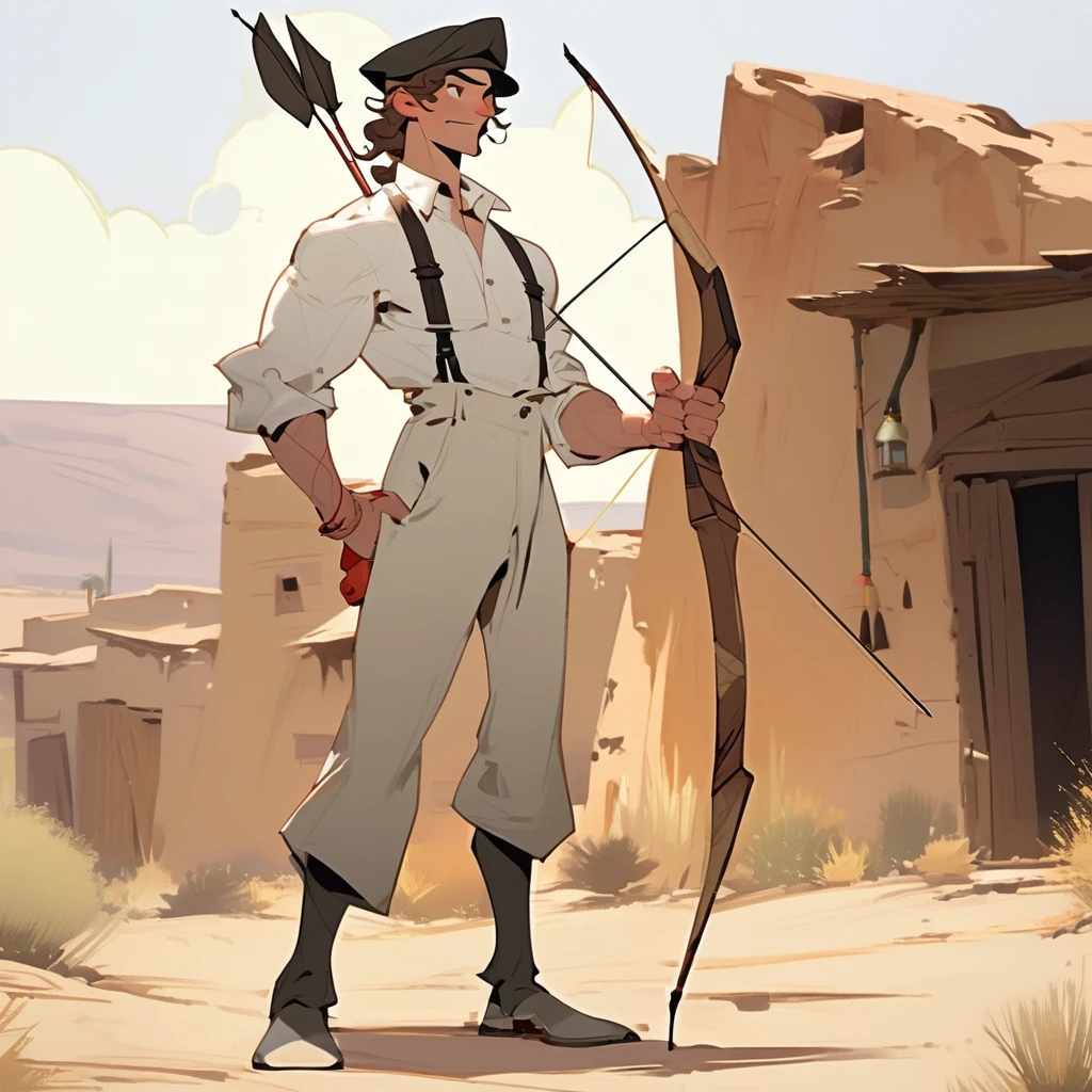 score_9, score_8_up, score_7_up, score_6_up, score_5_up, score_4_up, 1man, Western, Brown wavy hair, strong Body, white dress shirt with, black suspender,black pants patched, Beret, big franch mustache, Arrogant, young adult, Muscular, full body, Holding a bow and arrow, Farm in the desert, Stable 