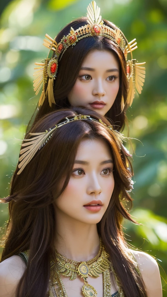 （lifelike， high resolution：1.3）， close up，Sense of story，Realism，Chinese aesthetics，A Mysterious Asian Warrior Princess，
Brown curly hair,Color Totem,Feather headdress,Deep in the rainforest,Scepter in hand
