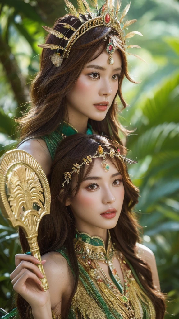 （lifelike， high resolution：1.3）， close up，Sense of story，Realism，Chinese aesthetics，A Mysterious Asian Warrior Princess，
Brown curly hair,Color Totem,Feather headdress,Deep in the rainforest,Scepter in hand