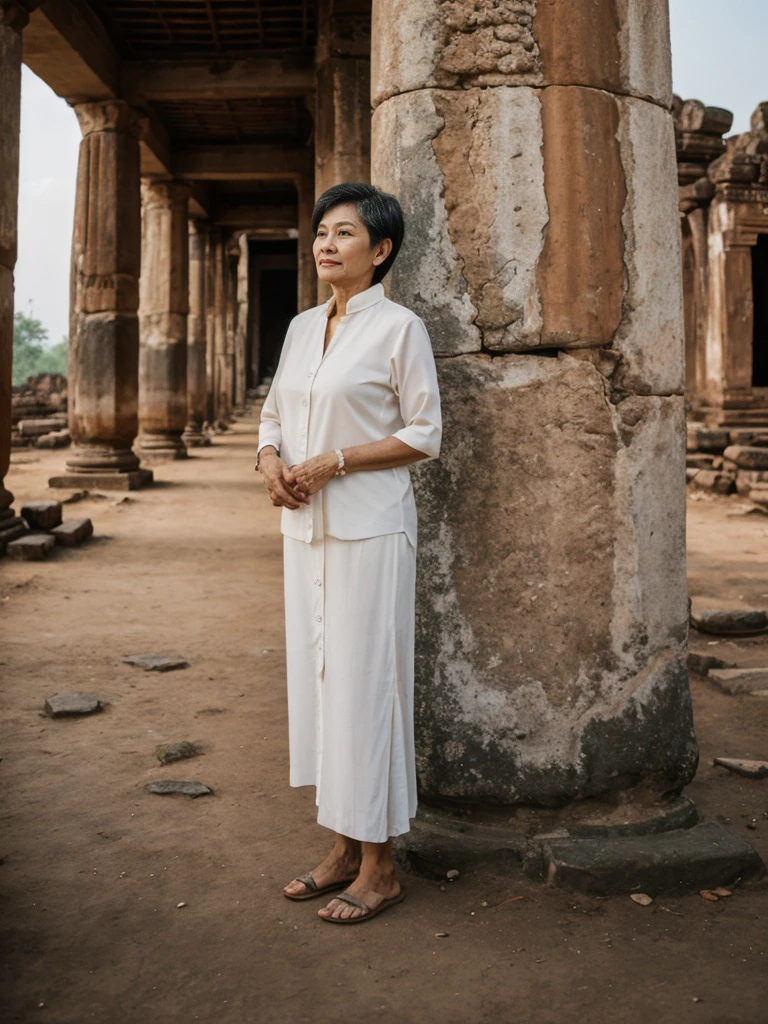 Khin Than Nu, RAW PHOTO, her name is Chariya, high quality, 1 old woman, ((58-year-old slim THAI woman)), (((58 years old))), ((slim body)), ((wrinkled body)), (((old body))), (((short hair))), she is wearing a fashionable stylish Generation X wear different colors, POSE: standing, BREAK, BACKGROUND: outdoor, Amidst the ancient ruins of Ayutthaya, film grain