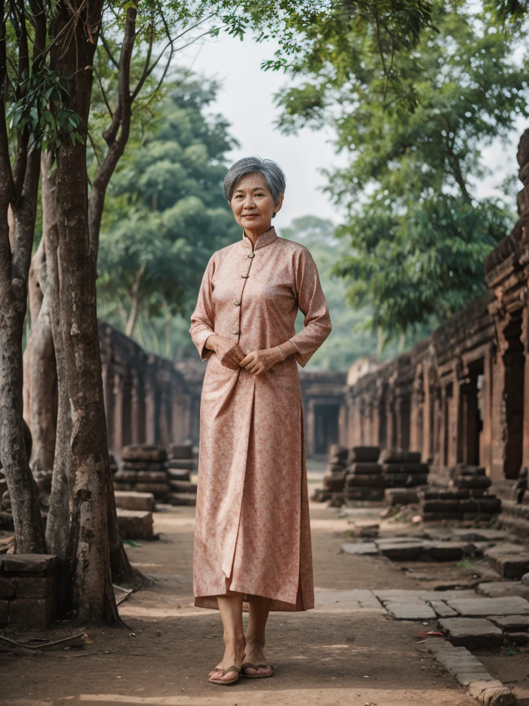 Khin Than Nu, RAW PHOTO, her name is Chariya, high quality, 1 old woman, ((58-year-old slim THAI woman)), (((58 years old))), ((slim body)), ((wrinkled body)), (((old body))), (((short hair))), she is wearing a fashionable stylish Generation X wear different colors, POSE: standing, BREAK, BACKGROUND: outdoor, Amidst the ancient ruins of Ayutthaya, film grain