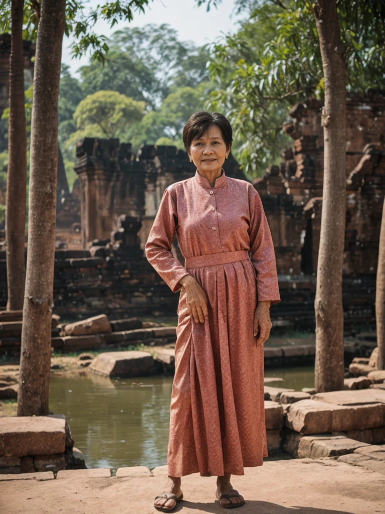 Khin Than Nu, RAW PHOTO, her name is Chariya, high quality, 1 old woman, ((58-year-old slim THAI woman)), (((58 years old))), ((slim body)), ((wrinkled body)), (((old body))), (((short hair))), she is wearing a fashionable stylish Generation X wear different colors, POSE: standing, BREAK, BACKGROUND: outdoor, Amidst the ancient ruins of Ayutthaya, film grain