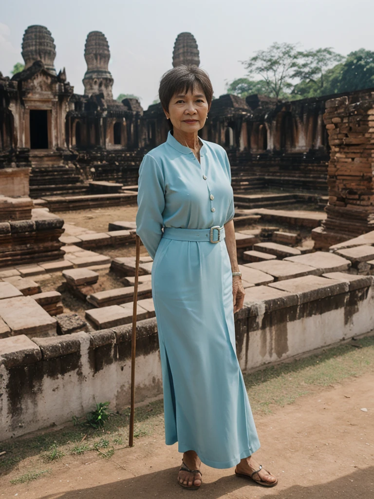 Khin Than Nu, RAW PHOTO, her name is Chariya, high quality, 1 old woman, ((58-year-old slim THAI woman)), (((58 years old))), ((slim body)), ((wrinkled body)), (((old body))), (((short hair))), she is wearing a fashionable stylish Generation X wear different colors, POSE: standing, BREAK, BACKGROUND: outdoor, Amidst the ancient ruins of Ayutthaya, film grain