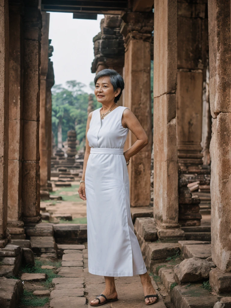 Khin Than Nu, RAW PHOTO, her name is Chariya, high quality, 1 old woman, ((58-year-old slim THAI woman)), (((58 years old))), ((slim body)), ((wrinkled body)), (((old body))), (((short hair))), she is wearing a fashionable stylish Generation X wear different colors, POSE: standing, BREAK, BACKGROUND: outdoor, Amidst the ancient ruins of Ayutthaya, film grain