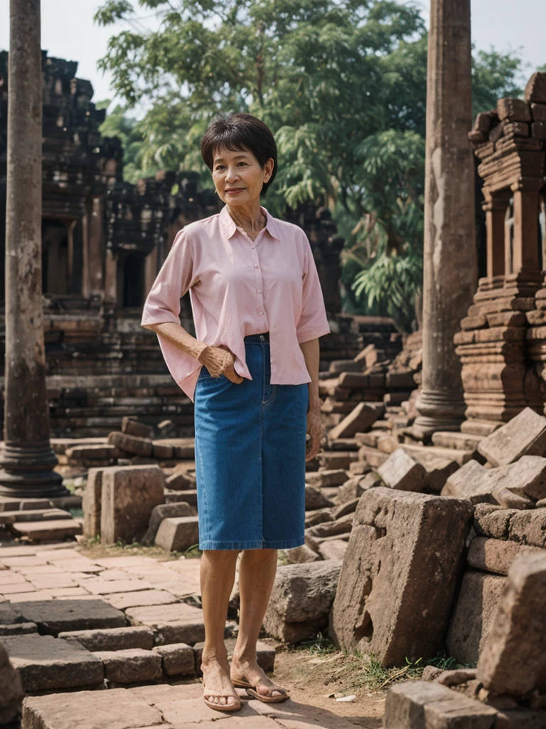 Khin Than Nu, RAW PHOTO, her name is Chariya, high quality, 1 old woman, ((58-year-old slim THAI woman)), (((58 years old))), ((slim body)), ((wrinkled body)), (((old body))), (((short hair))), she is wearing a fashionable stylish Generation X wear different colors, POSE: standing, BREAK, BACKGROUND: outdoor, Amidst the ancient ruins of Ayutthaya, film grain