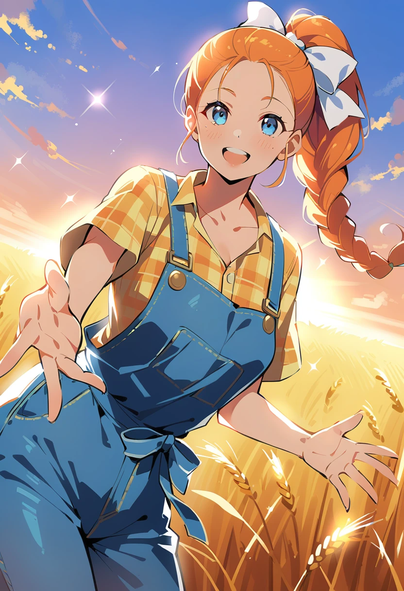 pewarnaan character, visual illustration, @ANN, ann \(harvest moon\), ran \(bokujou monogatari\), aged up, 1girl, ponytail, braid, braided ponytail, single braid, forehead, solo, (overalls), outdoors, sky, wheat, field, (blue overalls), smile, blue eyes, wheat field, looking at viewer, breasts, long sleeves, yellow shirt, orange hair, blonde hair, cowboy shot, collarbone, collared shirt, cleavage, denim, upper teeth only, medium breasts, standing, teeth, oversized clothes, long hair, partially unbuttoned, pants, oversized shirt, buttons, head tilt, flat chest, hair bow, white bow, tomboy, round teeth, plaid shirt, denim overalls, mature female, tall, tall female, slim body, freckles, twilight, cloudy sky, scenery, reaching, grass, floating braid, sunset, cloud, scenery, jeans, bow, hair ribbon, sparkle, sunbeam, light rays, highres, 4k, 8k