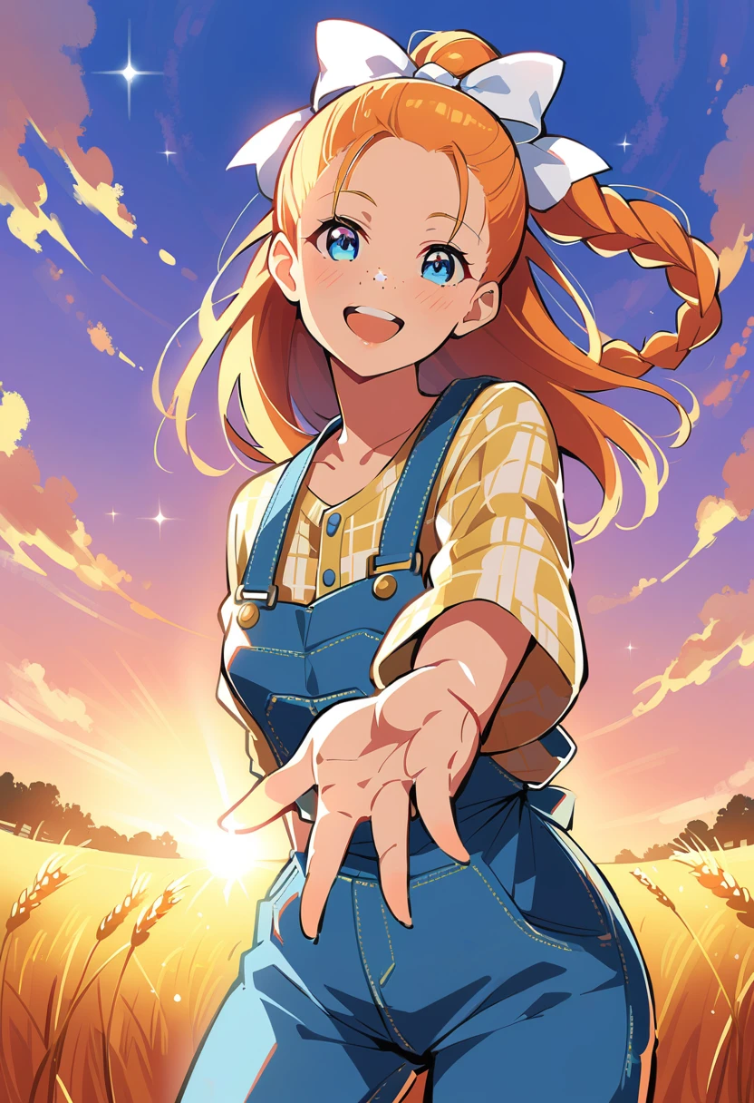 pewarnaan character, visual illustration, @ANN, ann \(harvest moon\), ran \(bokujou monogatari\), aged up, 1girl, ponytail, braid, braided ponytail, single braid, forehead, solo, (overalls), outdoors, sky, wheat, field, (blue overalls), smile, blue eyes, wheat field, looking at viewer, breasts, long sleeves, yellow shirt, orange hair, blonde hair, cowboy shot, collarbone, collared shirt, cleavage, denim, upper teeth only, medium breasts, standing, teeth, oversized clothes, long hair, partially unbuttoned, pants, oversized shirt, buttons, head tilt, flat chest, hair bow, white bow, tomboy, round teeth, plaid shirt, denim overalls, mature female, tall, tall female, slim body, freckles, twilight, cloudy sky, scenery, reaching, grass, floating braid, sunset, cloud, scenery, jeans, bow, hair ribbon, sparkle, sunbeam, light rays, highres, 4k, 8k