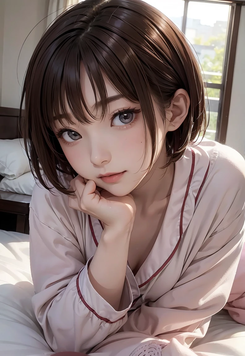 Cute 21 year old Japanese、night、on the bed、Sweat Pajamas、Cute colorful pajamas、Super detailed face、Attention to detail、Double eyelids、Beautiful and slender nose、Clear focus:1.2、beauty:1.4、(Light brown hair、short hair、White skin、best quality、masterpiece、Ultra-high resolution、(Photorealism:1.4)、