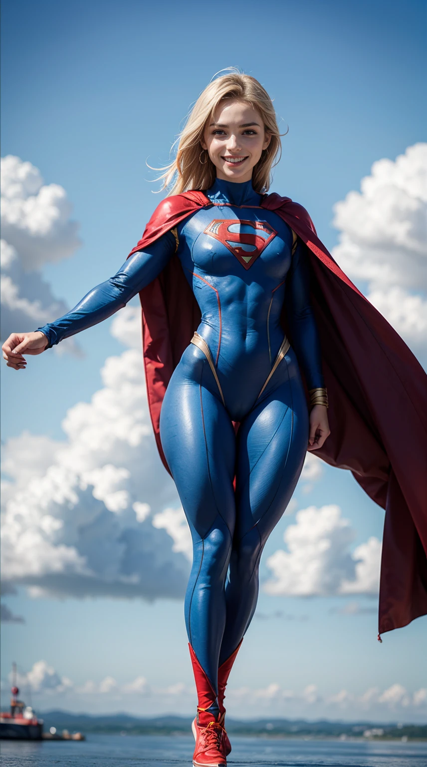 (Muscular:1.9), (thick thighs:1.9),
blonde female, (supergirl), (big smile:1.5), blunt bangs, (ponytail:0.7),
earrings, lipstick, eyeshadow,
hard nipples, large breasts,
(full body suit, blue bodysuit:1.6), (small cape:1.3),
looking at viewer, three quarter view, (upper body view:2),
(floating, in midair, sky and clouds background:1.3), rim lighting, two tone lighting, dim lighting, bokeh, detailed skin, detailed eyes