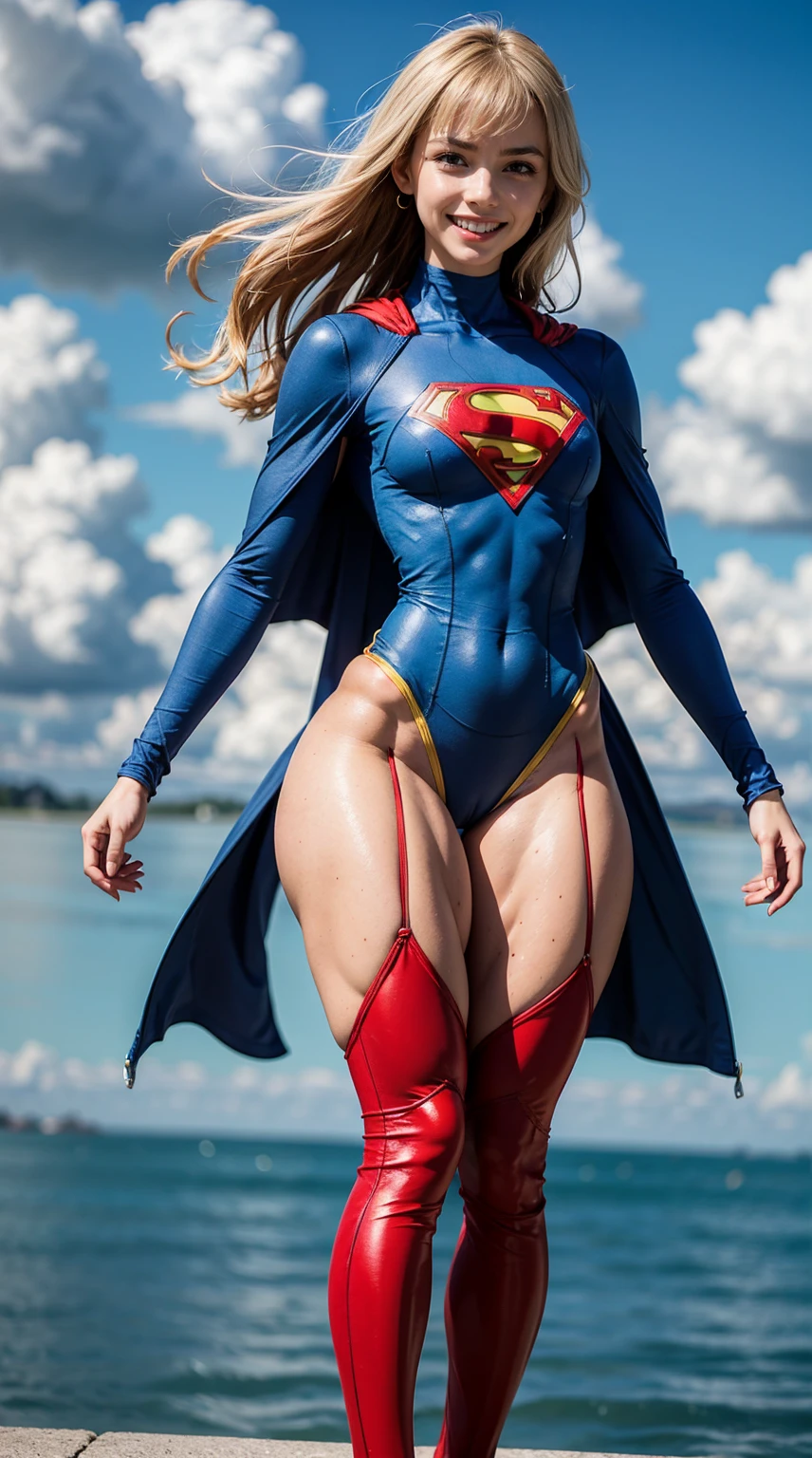 (Muscular:1.9), (thick thighs:1.9),
blonde female, (supergirl), (big smile:1.5), blunt bangs, (ponytail:0.7),
earrings, lipstick, eyeshadow,
hard nipples, large breasts,
(full body suit, blue bodysuit:1.6), (small cape:1.3),
looking at viewer, three quarter view, (upper body view:2),
(floating, in midair, sky and clouds background:1.3), rim lighting, two tone lighting, dim lighting, bokeh, detailed skin, detailed eyes