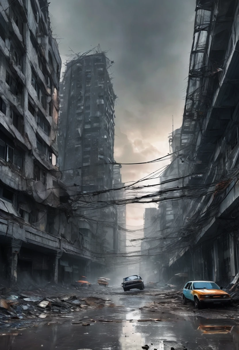 Image from the height of 200 meters a curved viaduct made of crumbling gray concrete supported by wide and tall pillars of cars passing over the center of a modern ultra futuristic abandoned city with crashed rusty abandoned rusty and dirty cars and buses standing upside down in the street, has dirty modern round and circular buildings in ruins and collapsing, cyberpunkstyle, gray environment, night sky, tenebrosa, natta, image with shades of gray, rain and puddles of water on the ground, Science fiction, Nuclear apocalypse with smoke from buildings, madmax style,  urban scenery with poles with traffic lights turned off collapsing and wires from poles lying on the ground,  there is a rusty chain link fence around the buildings, There are billboards and lights turned off and fallen from buildings, many buildings collapsing on the horizon, there are collapsed buildings, rubble and garbage in the streets, there is a girl dressed in dirty, torn clothes and wearing a hood walking down the street looking at the horizon, as realistic as possible, high qualiy, 4K, hyperdetailed