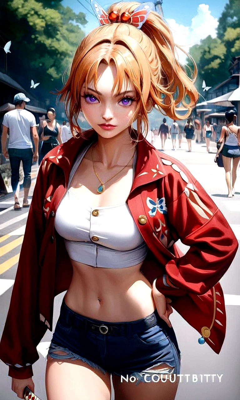 photorealistic, high resolution, soft light,1women, solo, hips up, (detailed face), nami \(one piece\), tattoo, jewelry,kochou shinobu,multicolored hair,no bangs,hair intakes,purple eyes,forehead,black shirt,black pants,haori,butterfly,buttons,belt, katana