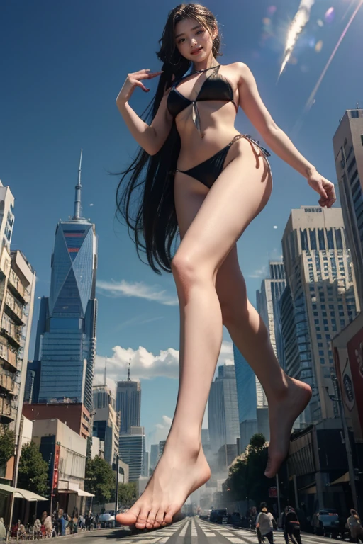 Ground View,tiny city,mega giant girl 500 feet high,skyscrapers,Have a pair of ultra long legs,stepping in the crowd,many people in street,a pair of huge big breasts,sexy bikini,black silk socks,Has black ponytail hair,barefoot,A look of enjoyment,standing on a ruins,Beautiful appearance,Exquisite makeup,quality,8k,高quality,Perfect proportion, Cinema lighting,film grain,Fuji colors,8k,textured skin,Super details,high detail,high quality,high resolution,explode, smile,realistic beautiful attractive face