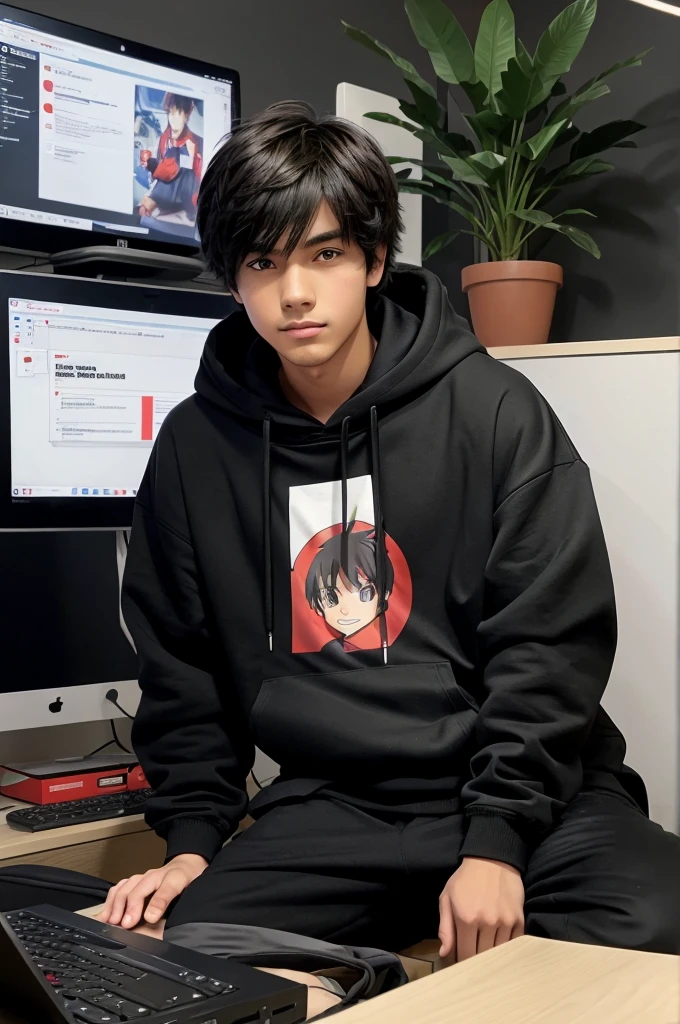 Create a image of "A 18 years anime boy, sitting in front of a computer desk with a microphone and laptop, wearing black and red hoodie with the Channel Name on it "fahad". The background includes a large YouTube logo on the wall, potted plants on either side, and various recording equipment