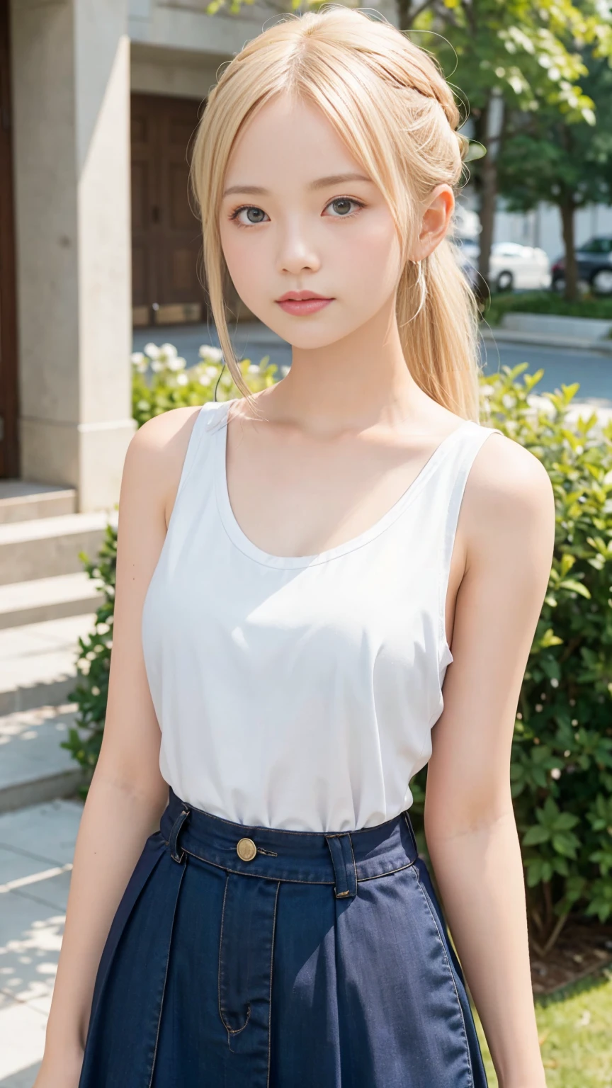 1 Girl、blue sky、明るくてとてもbeautiful顔、young, Shiny white skin、Best Looks、Blonde hair that reflects the light brilliantly、光沢のあるbeautifulブロンドの髪を持つ、High Ponytail、Long bangs、非常にbeautiful17歳、beautiful、Adorable、beautiful女の子、ummer