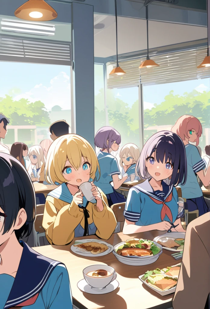 You are a professional illustrator。Please carefully check and draw the illustration according to the following conditions.。High school students enjoying their lunch in a crowded cafeteria、Delicate and beautiful anime face、Clear Eyes、Sailor suit、Braided short hair、