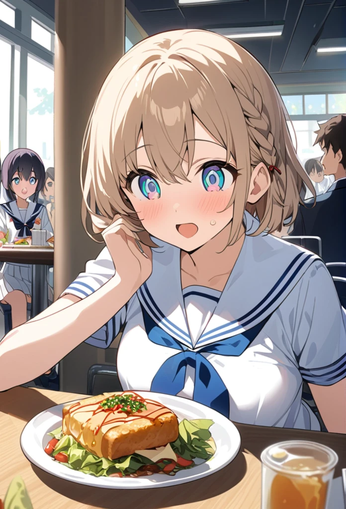 You are a professional illustrator。Please carefully check and draw the illustration according to the following conditions.。High school students enjoying their lunch in a crowded cafeteria、Delicate and beautiful anime face、Clear Eyes、Sailor suit、Braided short hair、