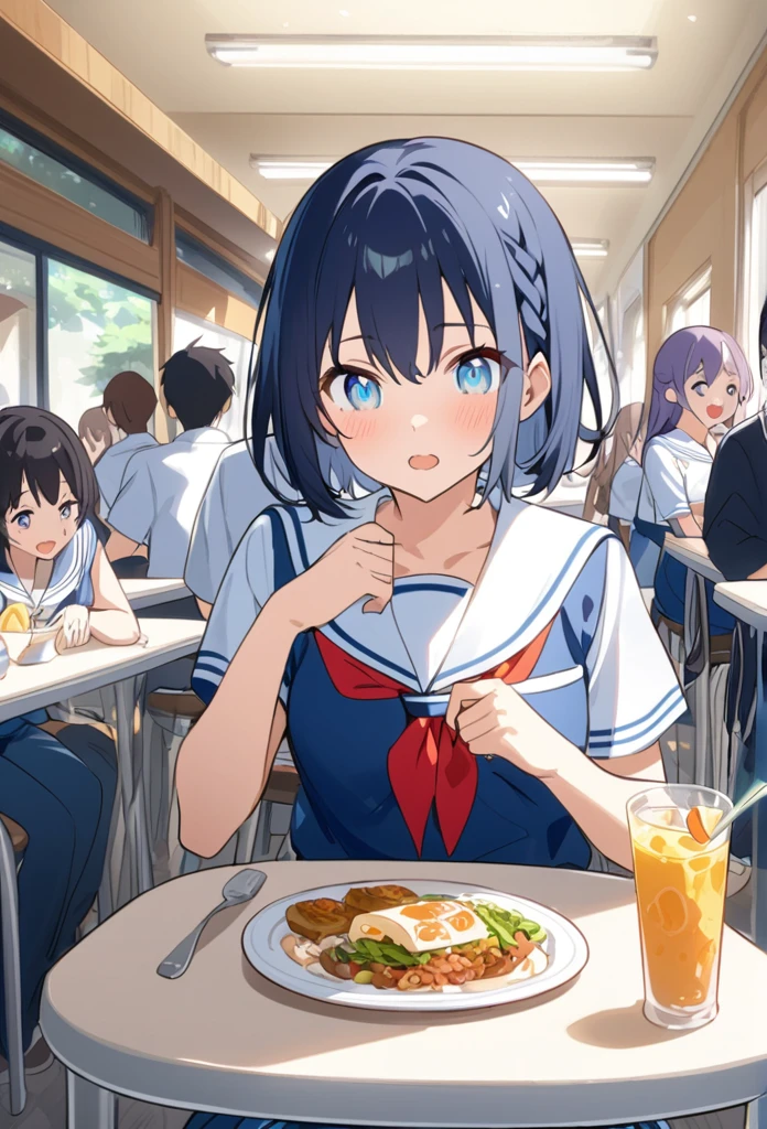 You are a professional illustrator。Please carefully check and draw the illustration according to the following conditions.。High school students enjoying their lunch in a crowded cafeteria、Delicate and beautiful anime face、Clear Eyes、Sailor suit、Braided short hair、