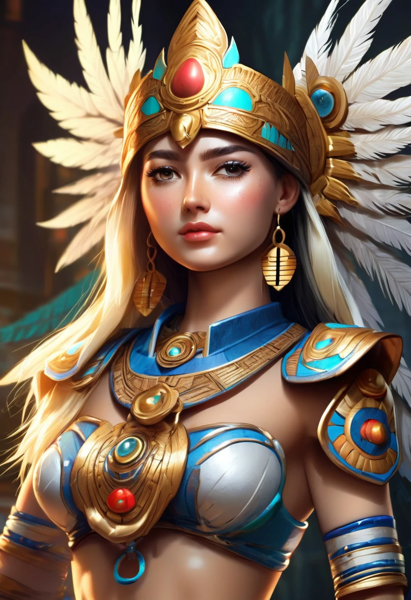 masterpiece, full HD, 8k, sexy adolescente jaeger, Blonde, , wearing an aztec ceremonial costume, sensual, with the tits out, big and hard lactating nipples, without underwear, separating the legs, exposing her vagina, having an orgasm and squirting