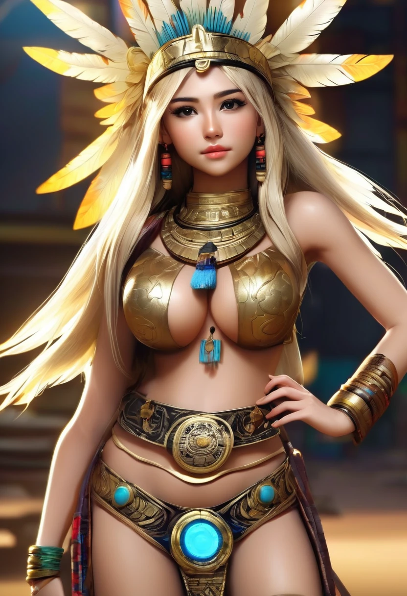 masterpiece, full HD, 8k, sexy adolescente jaeger, Blonde, , wearing an aztec ceremonial costume, sensual, with the tits out, big and hard lactating nipples, without underwear, separating the legs, exposing her vagina, having an orgasm and squirting