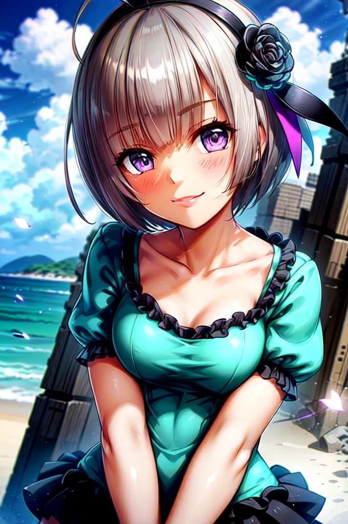 very cute and beautiful girl,(Very exquisite beautiful face and eyes),short hair、Purple Eyes、Ahoge、hair ornaments、Gray Hair、Minase Sumomo,Pink camisole,Cute frilled petticoat,
(smile:1.2),Happy,View your viewers,Black Hair,Cowboy Shot,Detailed legs,Beach,Tropical Resort,
(Highest quality,masterpiece),Absurd,High resolution,Super detailed,Very detailed,32k,8K resolution,
Intricate details,Movie Scenes,Detailed Background,alone,Dynamic Angle,
Natural light,Hair blowing in the wind,Beautifully detailed skies,