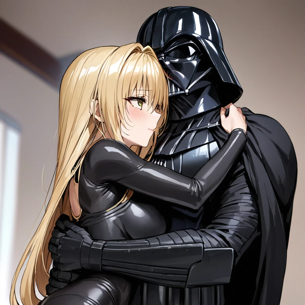 ((Highest quality)), ((masterpiece)), (detailed), （Perfect Face）、The woman is the Sith Lord Tearju, with medium-long blonde hair, a female version of Darth Vader, wearing the same bodysuit and protector as Darth Vader, a full-face helmet as Darth Vader, and a black cloak.、The woman is snuggling up to Darth Vader and embracing him.