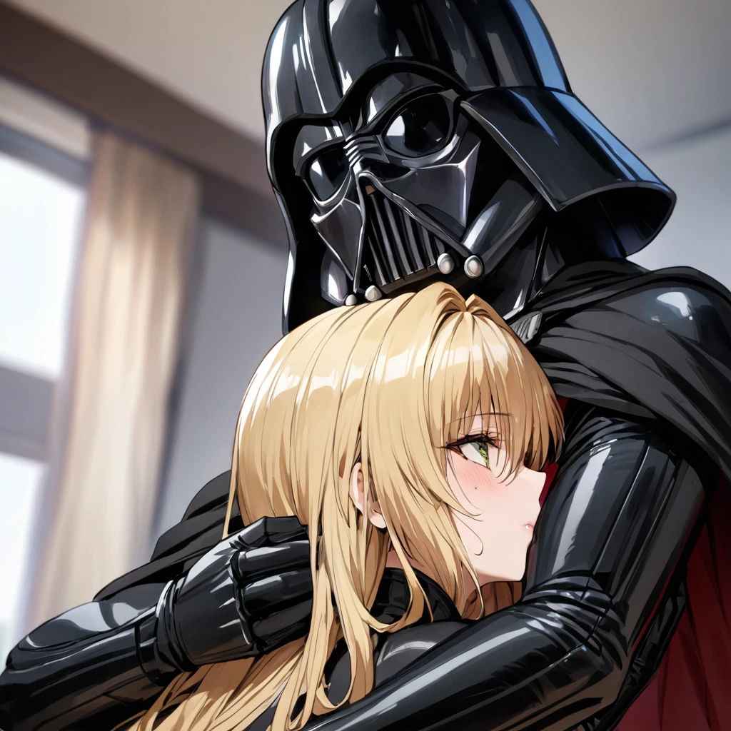 ((Highest quality)), ((masterpiece)), (detailed), （Perfect Face）、The woman is the Sith Lord Tearju, with medium-long blonde hair, a female version of Darth Vader, wearing the same bodysuit and protector as Darth Vader, a full-face helmet as Darth Vader, and a black cloak.、The woman is snuggling up to Darth Vader and embracing him.