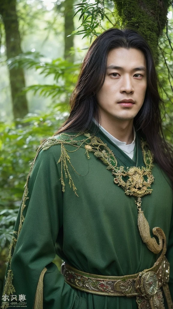 （lifelike， high resolution：1.3）， close up，Sense of story，Realism，Chinese aesthetics，Smart eyes，real picture，Asian real person photo，Ruler of the Dark Forest：A strong Asian guy，There are tattoos on the face，Wearing a dark green cape，Standing in an ancient forest shrouded in mist，Behind him is a group of huge tree people，Their trunks are covered with moss and vines.。Surrounded by dense foliage and drifting mist，Light flickers in the woods，Creates a deep and mysterious image of a ruler of the dark forest。