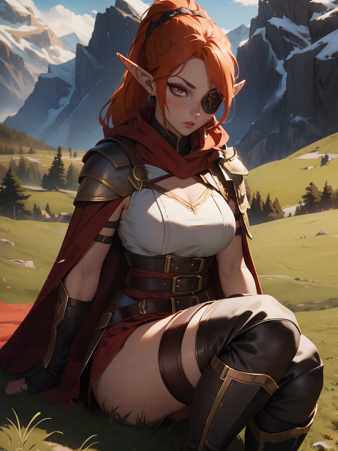 masterpiece, high quality, 1_woman, ((upper body)), (Caucasian skin_complexion:1.4),mature, looking at the viewer, black face, tall, beautiful, exotic, with long elf ears, long hair, braided ponytail, orange hair, detailed face, having diamond shaped eyes, (wearing eye patch), red eye, (dark_eyeliner), long_eyelashes medium_bust, wearing gladiator armor, red cape, long fingerless_gloves, belts, making fist, black thigh highs with embroidery, knee boots, dynamic lighting casts detailed shadows, on a grass grassy hill, mountains in the distance,