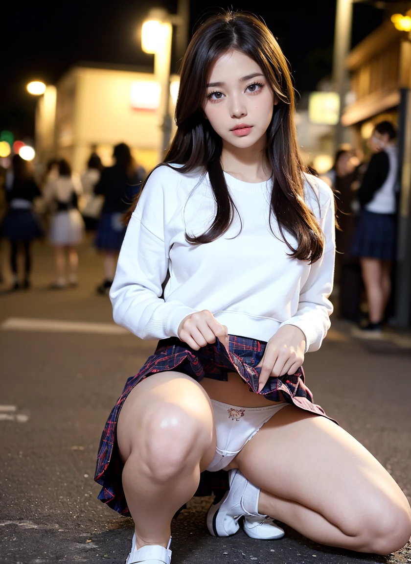 1 woman l、(very beautiful)、(beautiful face:1.5)、(stand:1.4)、(I got shot in the knee.)、(detailed face:1.5)、(detailed eyes:1.2)、(detailed lips:1.2)、(detailed nose:1.2)、(Lift up your skirt and expose your panties..:1.5)、(high school :1.5)、(plaid skirt:1.3)、(white panties:1.5)、(school sweater)、(bare legs)、(brown hair)、(Sidewalk in Shibuya)、(In SFW:1.7)、(night:1.4)