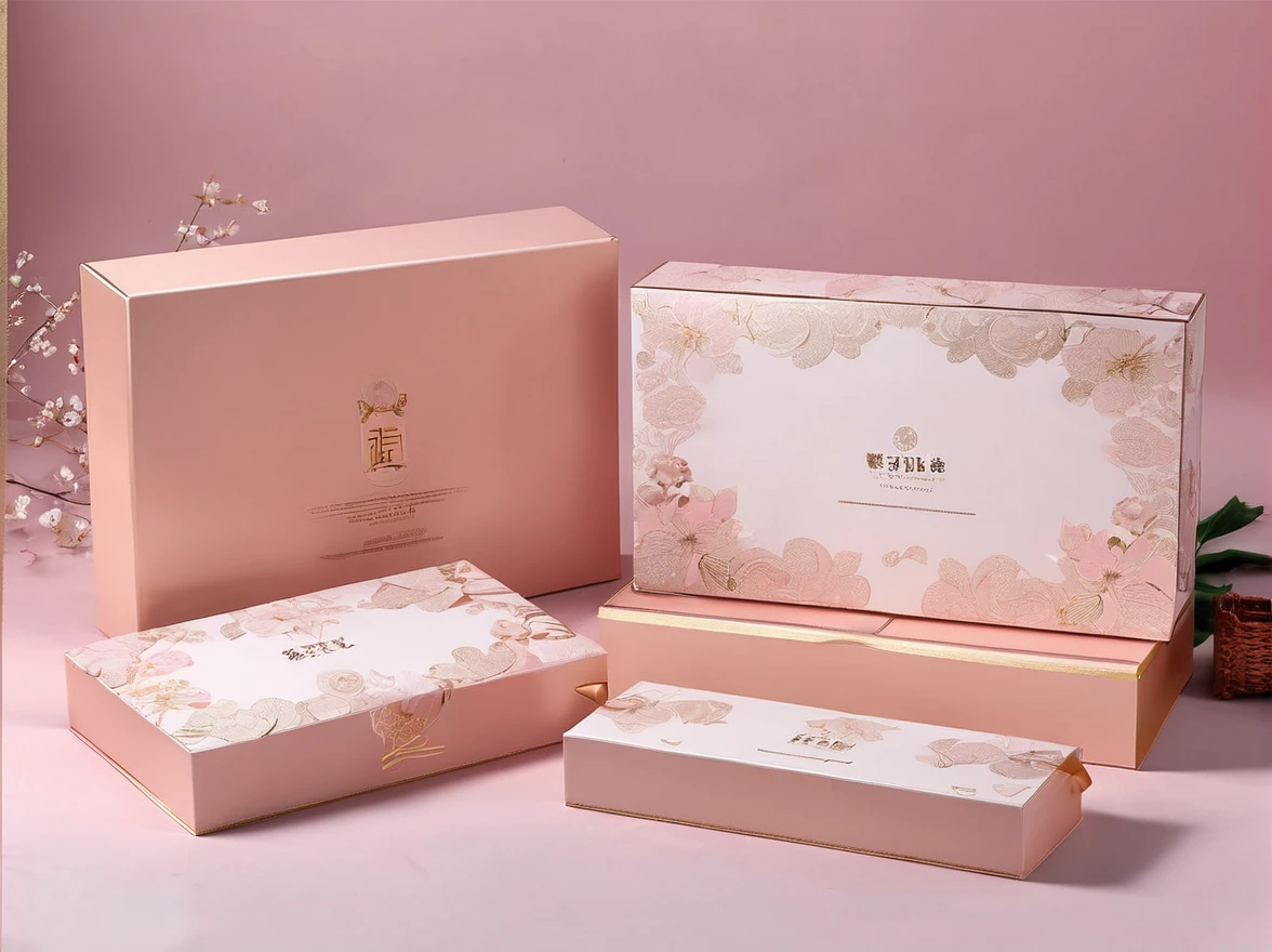 Design underwear packaging boxes that are popular with women, Rectangular pull-out box,Size 34*18*5cm,The outer packaging should be light pink, It has a European simple and romantic style, It looks very nice。The product name is written on the package: Hua Xiao YOUNG,The font says HUA XIAO YOUNG,The golden fonts and patterns will make the outer packaging look particularly luxurious。Pink flowers,Flowers with golden edges, Only a rectangular box, Large front image