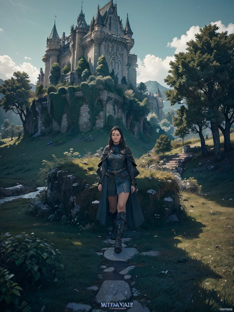 A warrior woman, looking into the distance a kingdom, A beautiful castle stands out, guarded by a high wall and stone giants., watchtowers can be seen, the view is wide, from the bottom of the jacket. The kingdom looks big and prosperous with hanging gardens.

Hyperealismo, cinematic style, Ultra realism, HDR, cinematic lighting, unity rendering, high detail, 4k resolution, vfx effects.