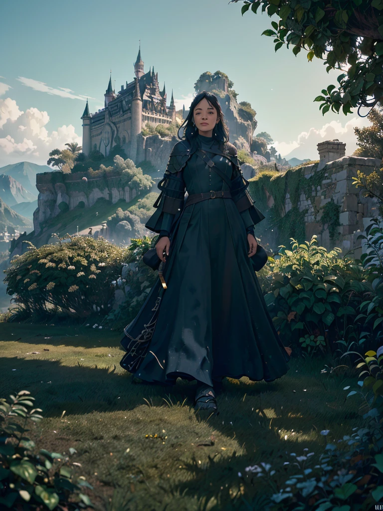 A warrior woman, looking into the distance a kingdom, A beautiful castle stands out, guarded by a high wall and stone giants., watchtowers can be seen, the view is wide, from the bottom of the jacket. The kingdom looks big and prosperous with hanging gardens.

Hyperealismo, cinematic style, Ultra realism, HDR, cinematic lighting, unity rendering, high detail, 4k resolution, vfx effects.