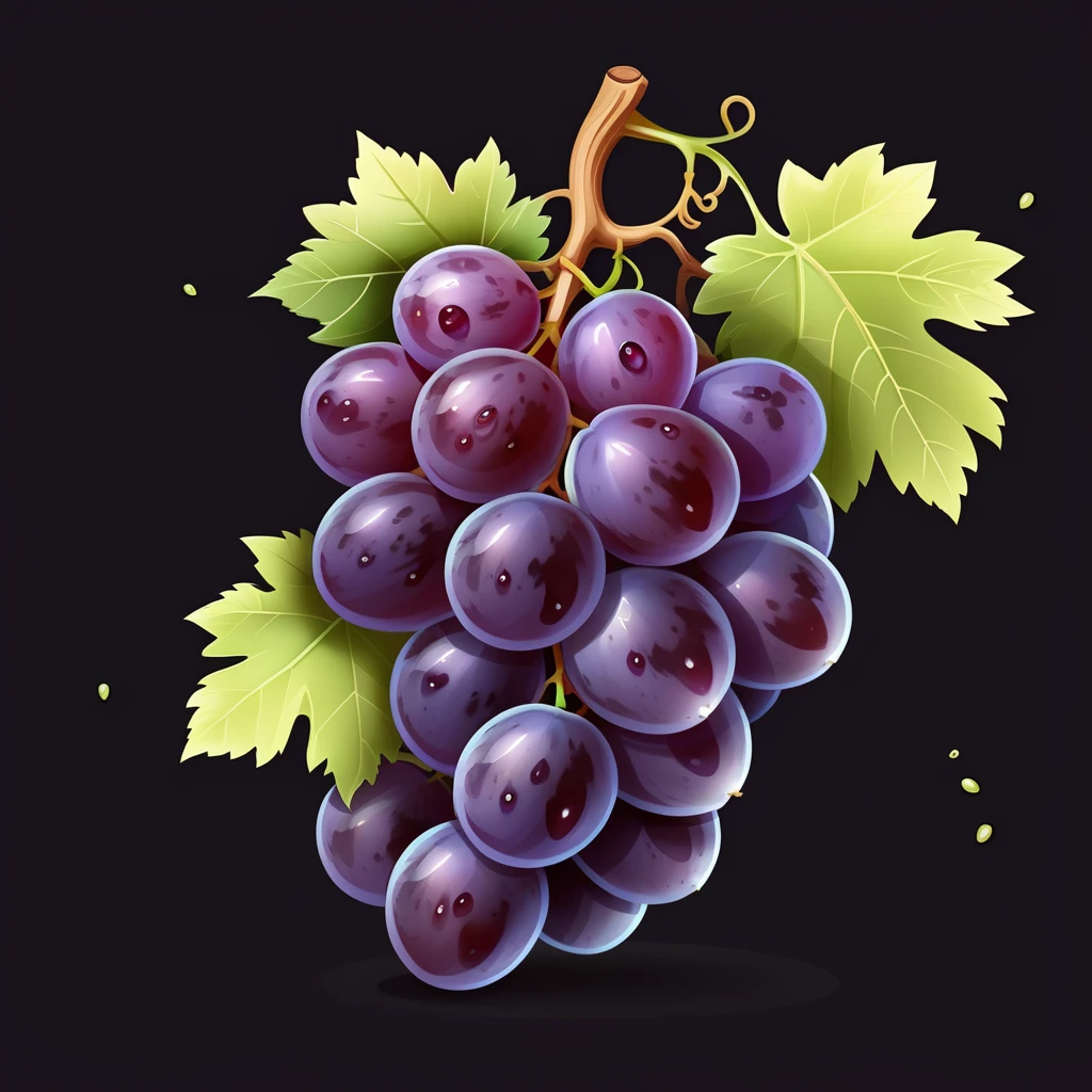 realistic grape, black background, cartoon style