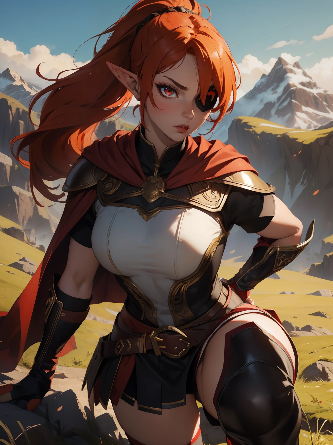 masterpiece, high quality, 1_woman, ((upper body)), (Caucasian skin_complexion:1.4),mature, looking at the viewer, black face, tall, beautiful, exotic, with long elf ears, long hair, twin ponytails, orange hair, detailed face, having diamond shaped eyes, (wearing eye patch), red eye, (dark_eyeliner), long_eyelashes medium_bust, wearing gladiator armor, red cape, long fingerless_gloves, belts, making fist, black thigh highs with embroidery, knee boots, dynamic lighting casts detailed shadows, on a grass grassy hill, mountains in the distance,