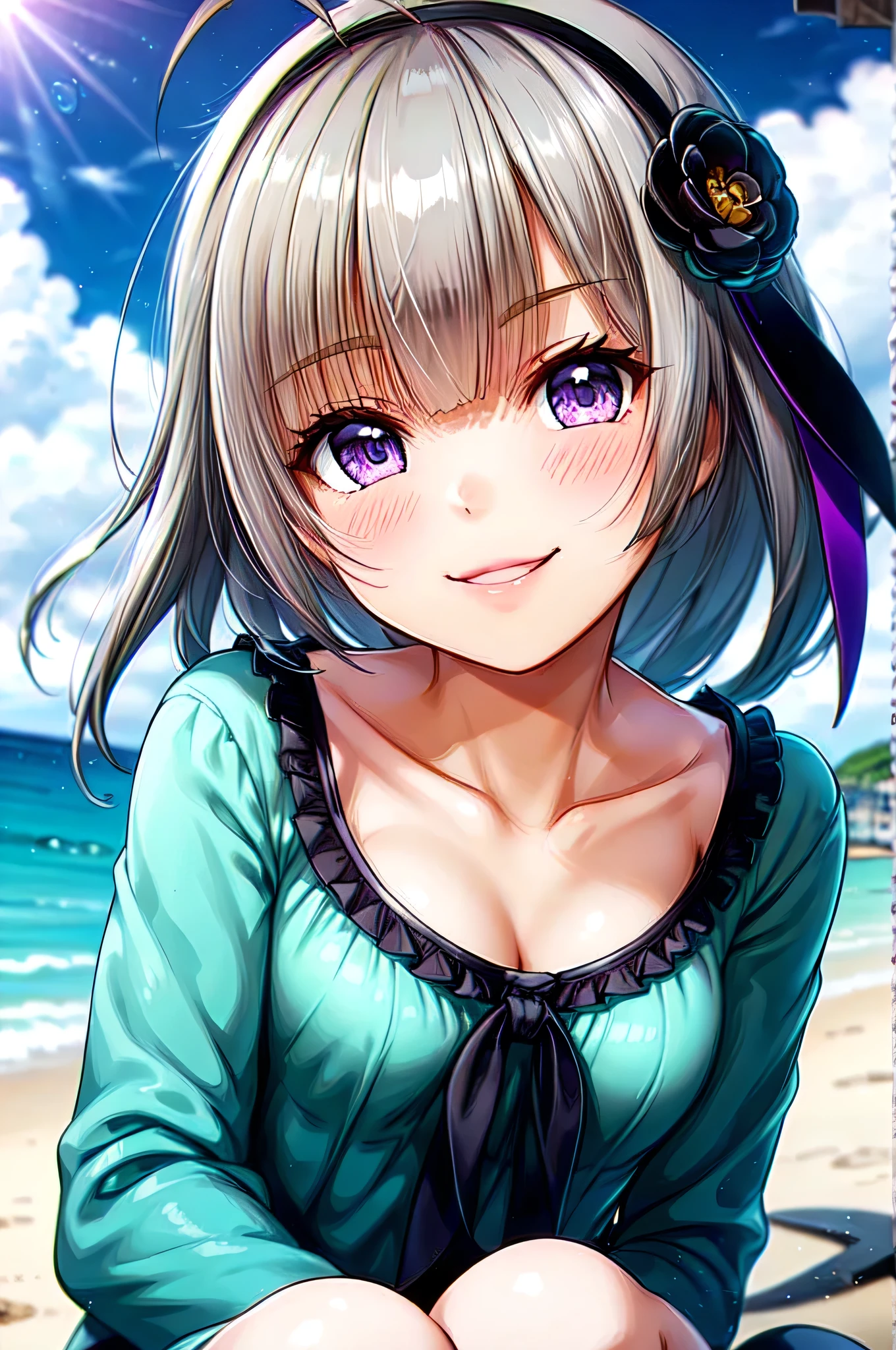 very cute and beautiful girl,(Very exquisite beautiful face and eyes),short hair、Purple Eyes、Ahoge、hair ornaments、Gray Hair、Pink camisole,Cute frilled petticoat,
(smile:1.2),Happy,View your viewers,Black Hair,Cowboy Shot,Detailed legs,Beach,Tropical Resort,
(Highest quality,masterpiece),Absurd,High resolution,Super detailed,Very detailed,32k,8K resolution,
Intricate details,Movie Scenes,Detailed Background,alone,Dynamic Angle,
Natural light,Hair blowing in the wind,Beautifully detailed skies,