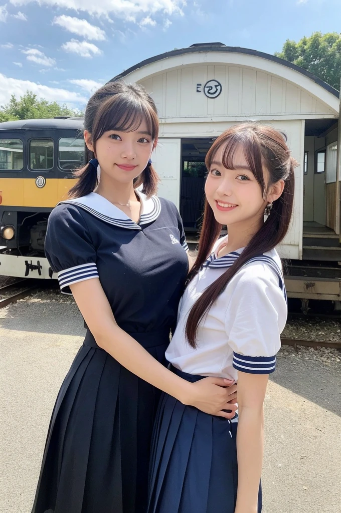 {2 | 3 | 4} girls in rural railway station,train on far side,cumulonimbus cloud in summer sky,short-sleeved white shirt with sailor collar,navy blue pleated skirt,school bag,18-year-old,bangs,a little smile,thighs,knees,short hair with low pigtails bunches,from beside,front light