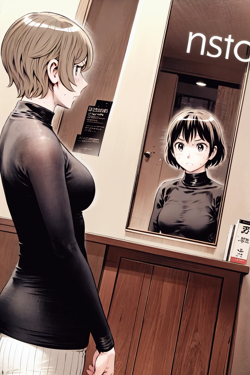 、(masterpiece、Highest quality)、Highest quality, Ultra-high resolution, (((masterpiece))), alone, Sweat、Big eyes,Tight black shirt、Tight white pants、belt、indoor、Composition from the front、(Cut the back hair short、short hair、blonde、woman)、Shortcuts、Embarrassed face、Cut your hair short、可愛いwomanの子、Big Breasts、office