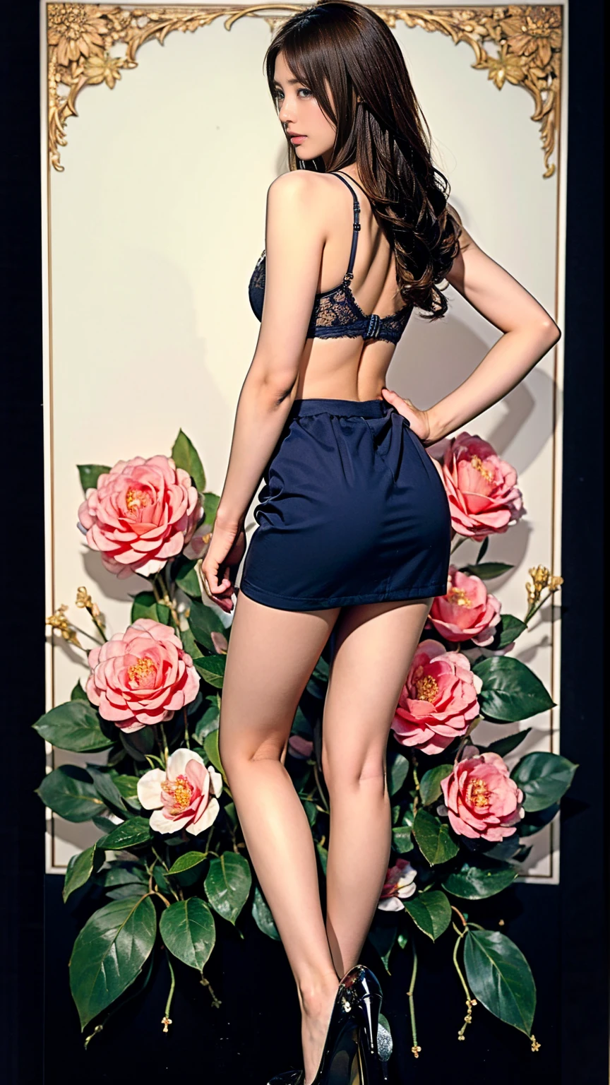 ((masterpiece)),(((Highest quality))),Thin thighs,Long legs,whole body:1.5，(One Girl:1.3),(Black pantyhose and thick pointy heels：1.3),(Wearing a navy blue bra with white camellia flower lace:1.2),Wearing a short navy blue mini skirt:1.5，Short Blonde:1.2、Cute Model Pose，Back view:1.5
