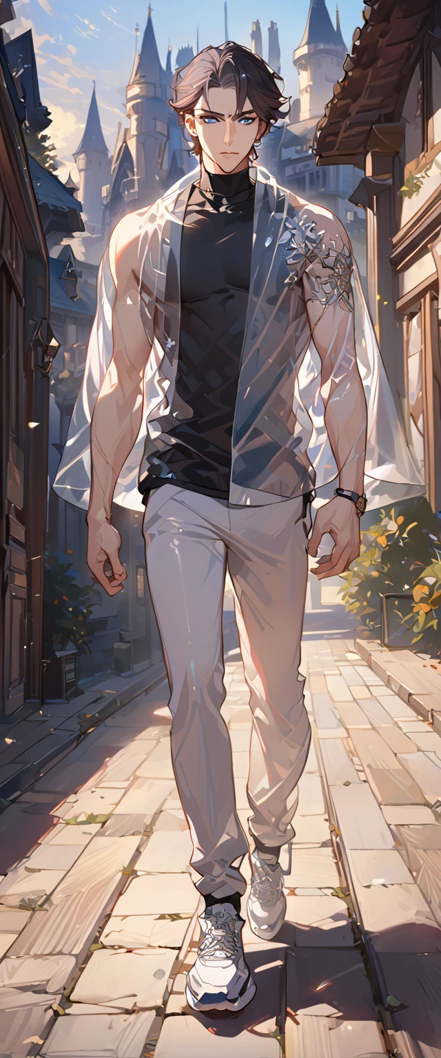 masterpiece, best quality, 8k ,4k ,solo, male, short dark blue reddish hair, black sleeveless turtle neck shirt, transparent robe hanging by the shoulder, transparent embroidery robes, white jogger pants, Walking, Manly pose, muscle arms, plain black armband, bangs, blue reddish eyes, pale skin, sharp look, Sharp eyes, Morning walk, Castle Hall Background, high quality, extremely detailed, finely detailed eyes and detailed face, slender body, inspired by Asukaziye artist : ask, art style : ask