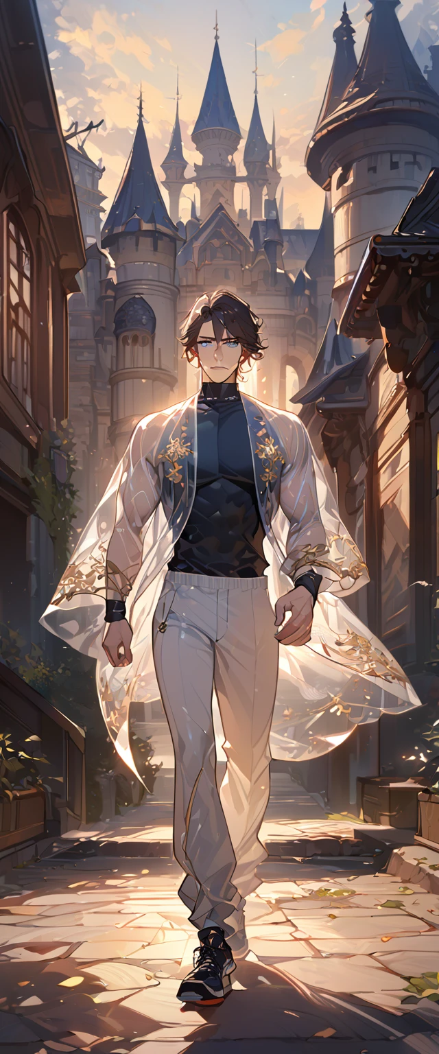 masterpiece, best quality, 8k ,4k ,solo, male, short dark blue reddish hair, black sleeveless turtle neck shirt, transparent robe hanging by the shoulder, transparent embroidery robes, white jogger pants, Walking, Manly pose, muscle arms, Armband, bangs, blue reddish eyes, pale skin, sharp look, Sharp eyes, Morning walk, Castle Hall Background, high quality, extremely detailed, finely detailed eyes and detailed face, slender body, inspired by Asukaziye artist : ask, art style : ask