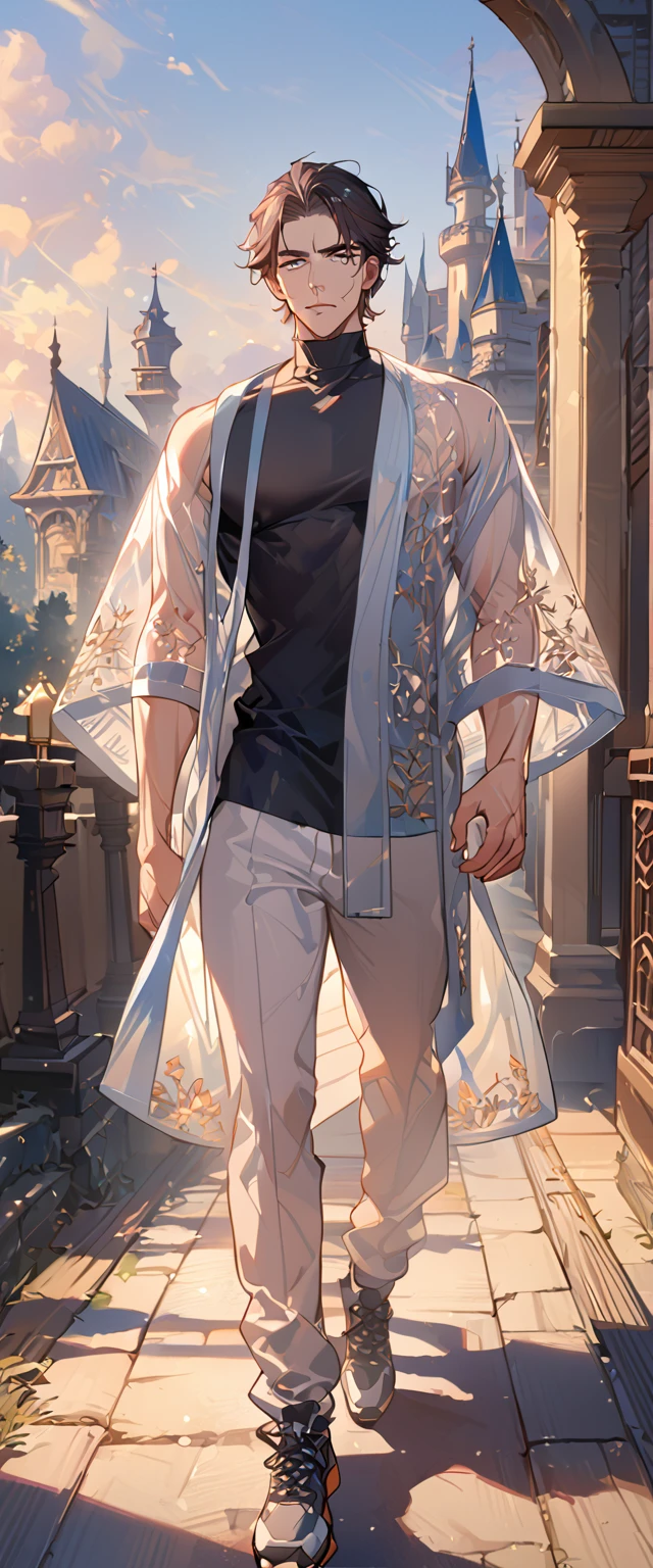 masterpiece, best quality, 8k ,4k ,solo, male, short dark blue reddish hair, black sleeveless turtle neck shirt, transparent robe hanging by the shoulder, transparent embroidery robes, white jogger pants, Walking, Manly pose, muscle arms, plain black armband, bangs, blue reddish eyes, pale skin, sharp look, Sharp eyes, Morning walk, Castle Hall Background, high quality, extremely detailed, finely detailed eyes and detailed face, slender body, inspired by Asukaziye artist : ask, art style : ask