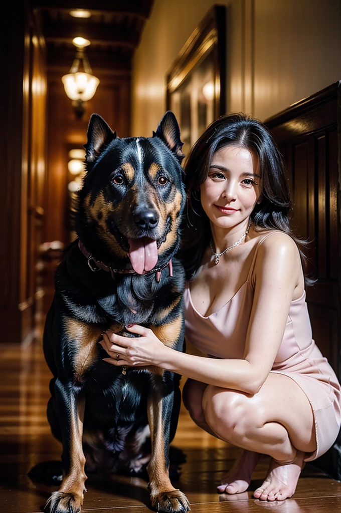 (masterpiece:1.4),((1 woman and 1 dog : 1.5)), (((portrait of mature woman and her dog : 1.4))), (dog's big pink penis : 1), dog is standing, (60-year-old woman:1.5), (Facial wrinkles : 1.2), Nasolabial folds, (looking at viewer : 1), (smirking : 1.3), pores, dull skin, skin blemishes, (long beautiful hair), large saggy breasts, plump body, (elegant lady), (classy formal dress), detailed backgrounds, (Old Western-style building), (dim atmosphere), gloomy, dark lighting, (dog's tongue), plump thigh, (petting a dog), (focus on dog's affection for woman)
