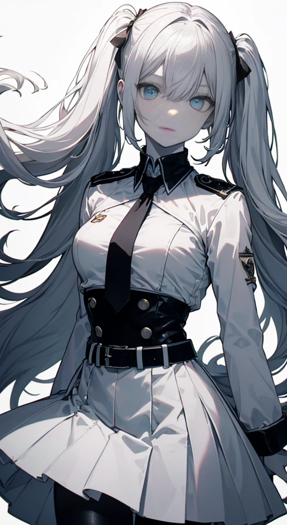 whole body, White one-piece military uniform,(Tabletop:1.2, Highest quality), (Beautiful, detailed eyes: 1.2), (Beautifully detailed face), High Contrast, (Best lighting, Very delicate and beautiful), ((Cinematic Light)), Dramatic Light, Intricate details, Turquoise Eyes, Small breasts, Belt under the chest, White military uniform, White Skirt, Dark gray hair, Black tie, (Pale white background:1.5), Long twin tails fluttering in the wind, Long twin tails, Dynamic pose,