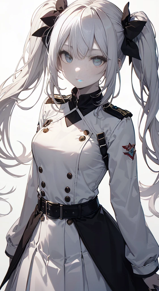 whole body, White one-piece military uniform,(Tabletop:1.2, Highest quality), (Beautiful, detailed eyes: 1.2), (Beautifully detailed face), High Contrast, (Best lighting, Very delicate and beautiful), ((Cinematic Light)), Dramatic Light, Intricate details, Turquoise Eyes, Small breasts, Belt under the chest, White military uniform, White Skirt, Dark gray hair, Black tie, (Pale white background:1.5), Long twin tails fluttering in the wind, Long twin tails, Dynamic pose,